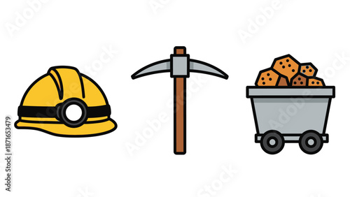 Collection of Essential Mining Industry Tools and Equipment Collection: Hard Hat, Pickaxe, and Ore Cart Graphic Set