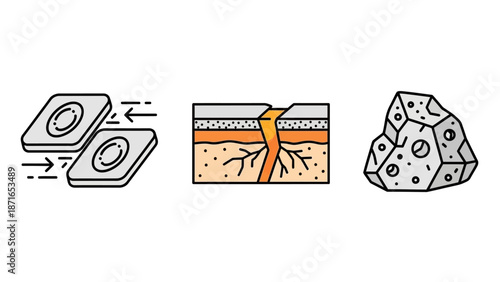 Illustrative diagrams of geological processes and earth science concepts, featuring tectonic plates, fault lines, and mineral structures