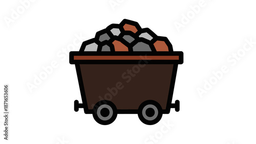 Graphic Illustration of a Mining Cart Loaded with Rocks, Symbolizing Industrial Hauling and geological Resource Extraction