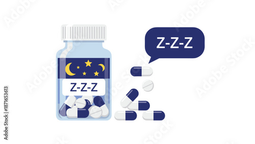 A bottle of sleeping pills with a 'Z-Z-Z' speech bubble, illustrating concepts of insomnia, sleep aid, and medical treatment.