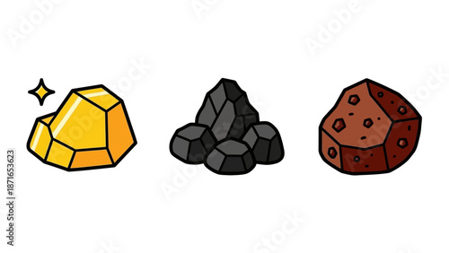 Collection of Valuable and Industrial Mineral Resources: Gold, Coal, and Ore Rocks Illustration