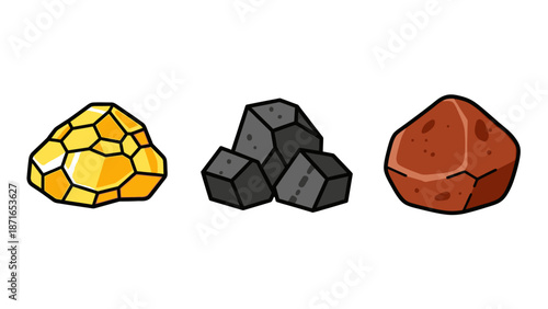 Detailed graphic illustration of various mineral ores: lustrous gold, dark coal, and rustic iron rocks, depicted in an isolated view.