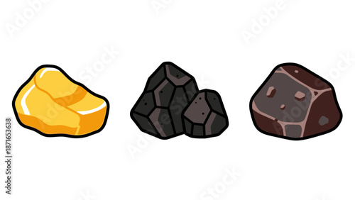 Colorful Flat Design Illustrations of Valuable Natural Resources: Gold, Coal, and Different Mineral Rocks Isolated