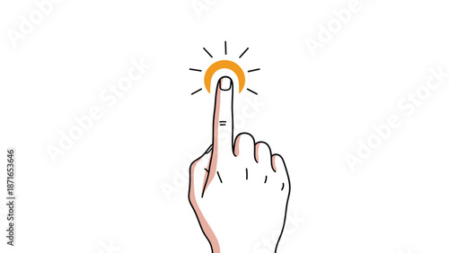 A simple hand-drawn illustration of an index finger touching or pressing a glowing yellow button, symbolizing a click or interaction.
