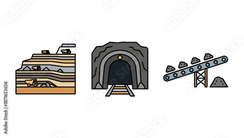 Illustration of various industrial mining operations, featuring open-pit excavation, underground tunnels, and material transport conveyor systems.