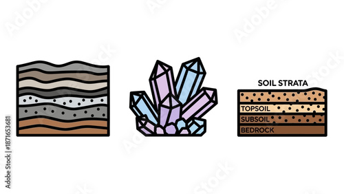 Educational illustrations depicting geological layers, natural crystals, and soil horizons for earth science study