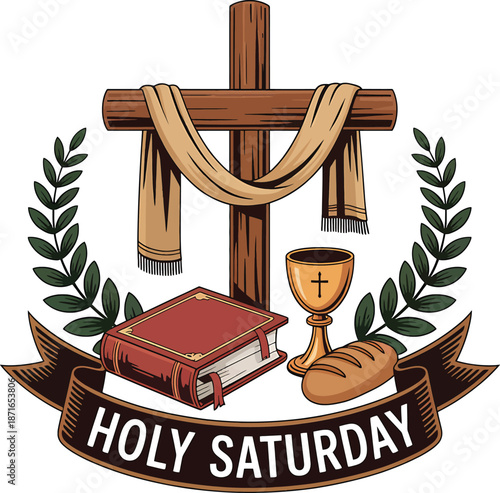 Holy Saturday Symbol Cross Bible Chalice Bread Laurel Leaves
