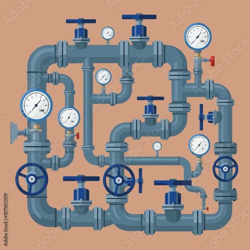 A detailed vector illustration depicts a complex, interconnected labyrinth of grey industrial pipes, blue valves, and pressure gauges on a plain background.