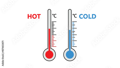 Two thermometers side-by-side illustrating the contrast between hot and cold temperatures with red and blue indicators for comparison.