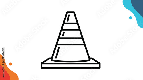 A simple black and white line art icon of a traffic cone, used for road work, safety, and directing traffic, on an abstract background.