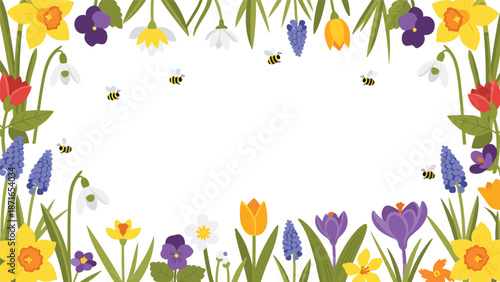 A beautiful spring flower frame with a blank center, featuring colorful tulips, daffodils, and crocuses with buzzing bees around them.