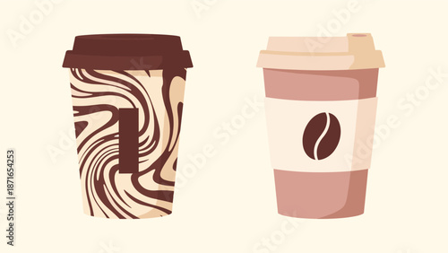 Two stylish disposable coffee cups to go, one with a marble swirl pattern and one with a simple coffee bean logo, on a light background.