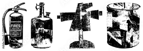 Vintage Fire Extinguisher, Gas Cylinder, Abstract Sculptures in Halftone Vector Art