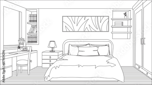 Bedroom Sketch Drawing Adult Coloring Page Sweet Home Vector
