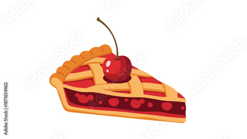 A delicious-looking slice of cherry pie with a golden lattice crust and a single fresh cherry on top, isolated on a white background.
