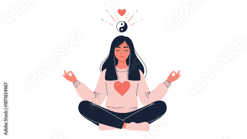 An illustration of a serene woman meditating in the lotus position with a yin-yang symbol and hearts above her head, representing mindfulness.