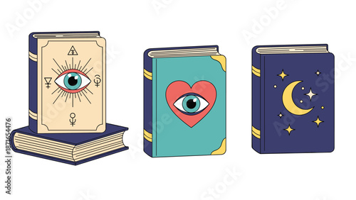 A set of three esoteric books with mystical symbols like the all-seeing eye, a heart, moon, and stars, perfect for magical themes.