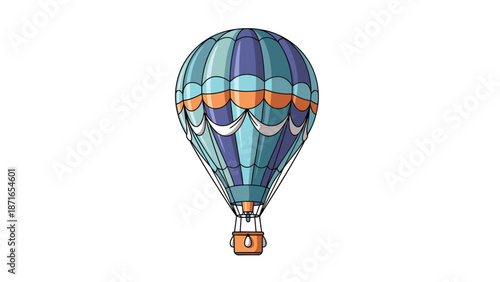 A beautifully detailed vintage-style hot air balloon with blue, purple, and orange stripes, isolated on a clean white background.