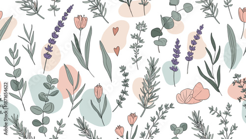 A delicate seamless pattern with hand-drawn lavender, eucalyptus, and other botanicals against abstract pastel shapes on a white background.