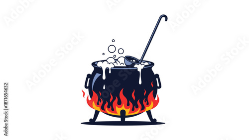 A classic witch's cauldron bubbling with a magic potion over a roaring fire, complete with a ladle, isolated on a white background.