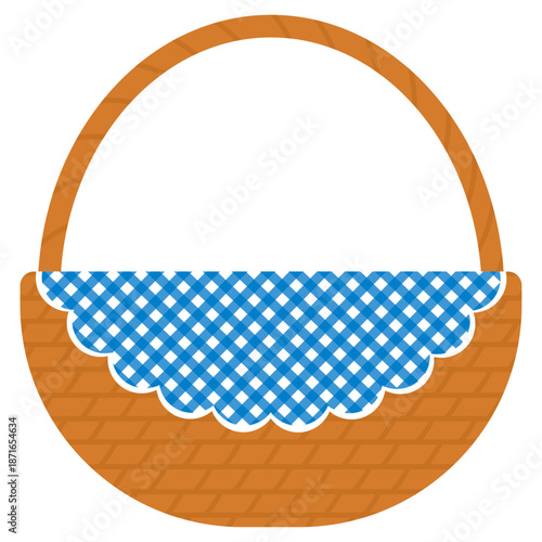 青いタータンチェックの布と茶色いカゴのイラスト