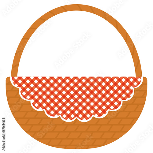 赤いタータンチェックの布と茶色いカゴのイラスト