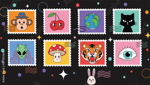 A cool collection of eight colorful and quirky retro postage stamps featuring various characters and objects on a dark, starry background.