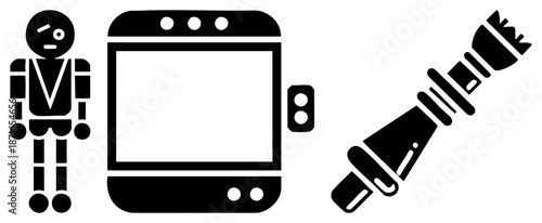 Robot, Smartphone, and Microphone in Minimalist Black Silhouettes