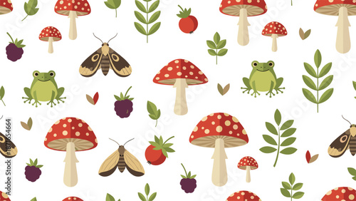A charming seamless pattern featuring cute green frogs, fly agaric mushrooms, moths, and berries on a clean white background.