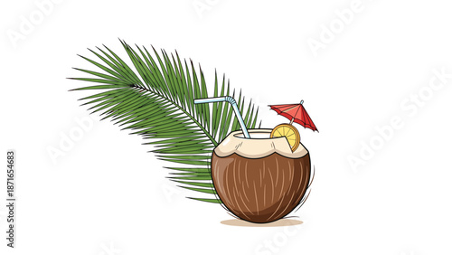 A refreshing tropical coconut cocktail served with a straw, a tiny umbrella, and a lemon slice, set against a large green palm leaf.