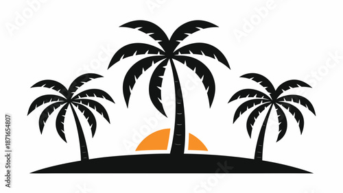 Three black palm trees on a small island at sunset