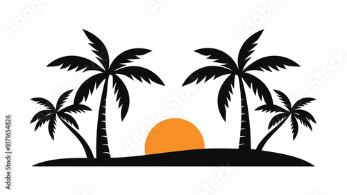 Tropical island getaway with palm trees at sunset