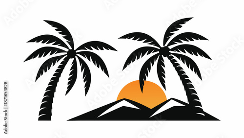 Tropical sunset with palm trees and mountain range silhouette