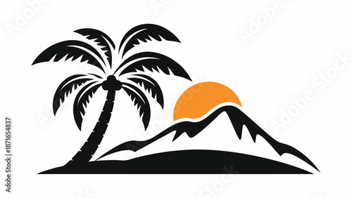 Tropical island getaway with palm tree and mountain range