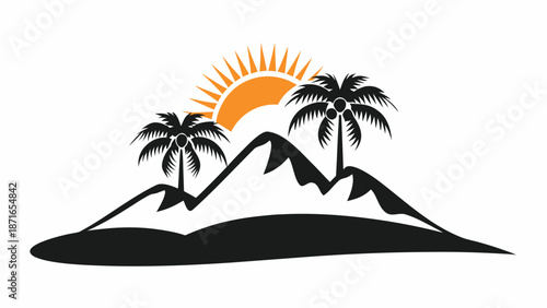 Tropical island getaway with palm trees and sunset