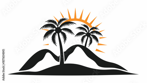 Tropical island getaway with palm trees at sunset