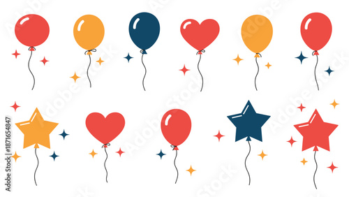 A festive collection of colorful party balloons in round, heart, and star shapes, decorated with sparkles for any celebration.