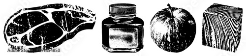Vintage Style Black and White Vector of Steak, Ink Bottle,, and Wood Block
