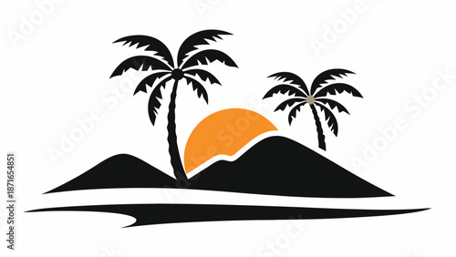 Tropical island getaway with palm trees at sunset