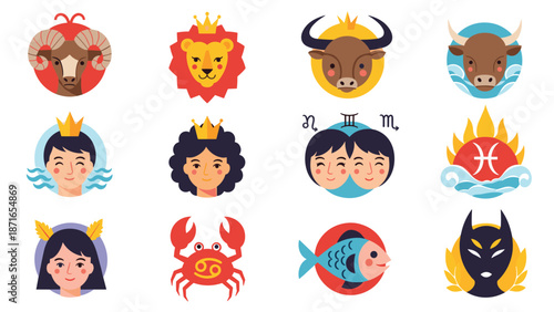 A colorful and charming collection of twelve circular icons representing all the signs of the zodiac for astrology and horoscope designs.