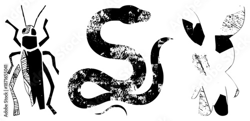 Stylized Insect, Snake, and Fox Silhouettes with Textured Grunge Effects
