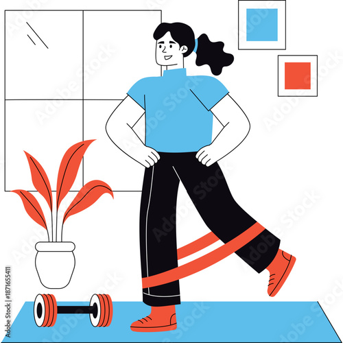 Woman Exercising with Resistance Band and Dumbbells at Home