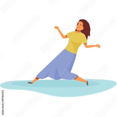 Woman in yellow top and blue skirt slipping on ice