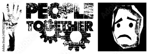 Unified Community Symbol Featuring Hand, Gears, and Frowning Face