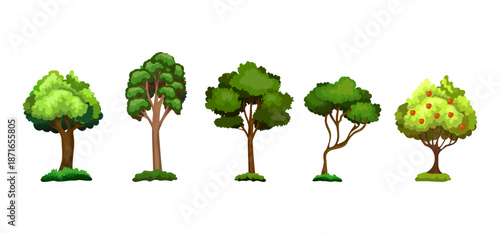 Tree Vector Illustration Collection Featuring Tropical and Orchard Trees with Mango, Apple, Banana, Orange, Coconut Palm and More Isolated on White Background, Colorful Tree Vector Illustration