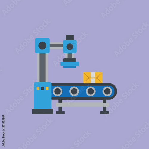 An illustration of a robotic arm poised over a blue conveyor belt carrying a yellow package, representing industrial automation.
