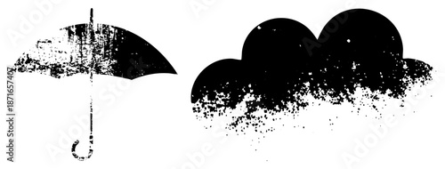Grunge Styled Umbrella and Cloud Silhouettes with Distressed Texture