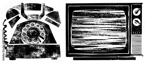 Vintage Rotary Phone and Analog TV Set in Retro Halftone Style