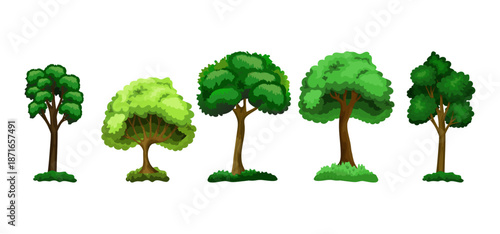 Tree Vector Illustration Collection Featuring Tropical and Orchard Trees with Mango, Apple, Banana, Orange, Coconut Palm and More Isolated on White Background, Colorful Tree Vector Illustration