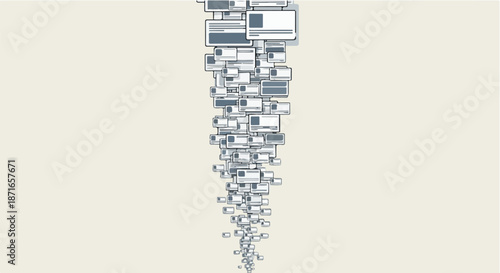 Computer monitors cascading downwards in a digital vortex, symbolizing data flow and technological progression